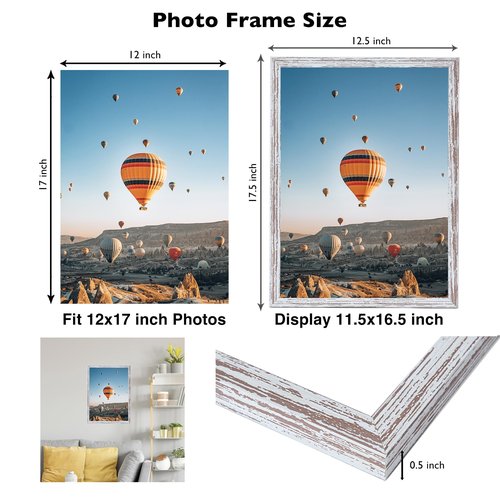 JCJMY 12x17 Picture Frame Rustic White for Wall Hanging, Wall Mounting Horizontally or Vertically, 12 x 17 Wall Gallery Poster Photo Frame with Shatter Resistant Plexiglass, Rustic White