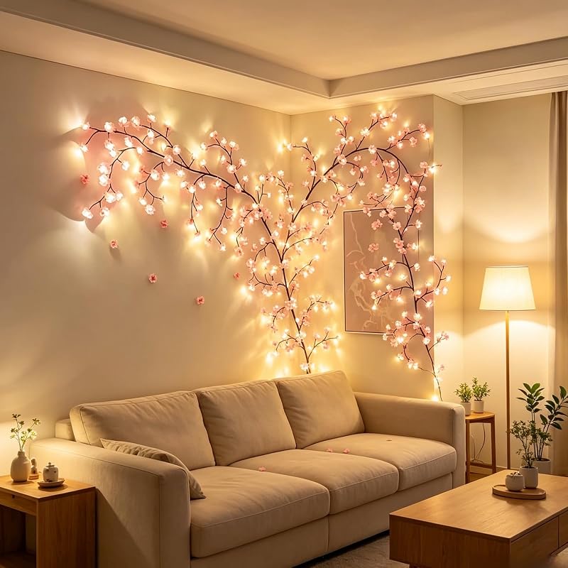 5.2 ft 72 LED Cherry Blossom Lights with Remote – DIY Bendable Pink Flower Vine (Variation: 72LED-5.2FT)