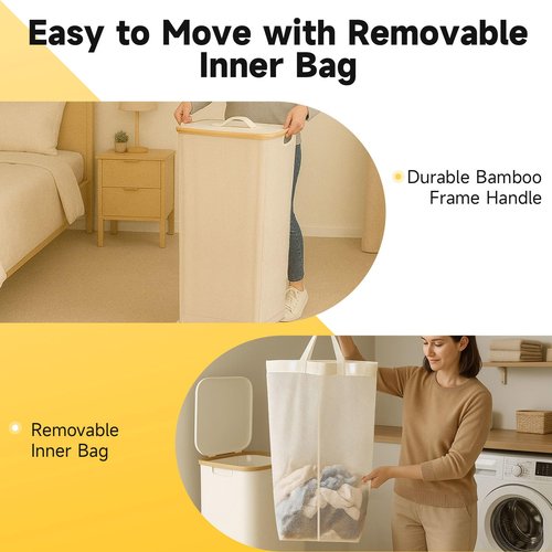 100L Foldable Laundry Basket with Lid, Dirty Clothes Hamper for Dormitories and Gyms | Laundry Hamper with Removable Bag, Beige