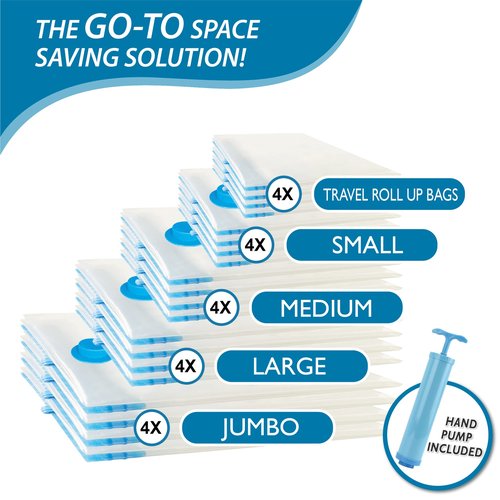 Cozy Essential Vacuum Storage Bags, 80% Compression Vacuum Seal Space Saver Plastic Packaging Bags for Clothes, Blankets, Pillow, Bedding, Comforters, Sealer Clothing Storage,20 Combo