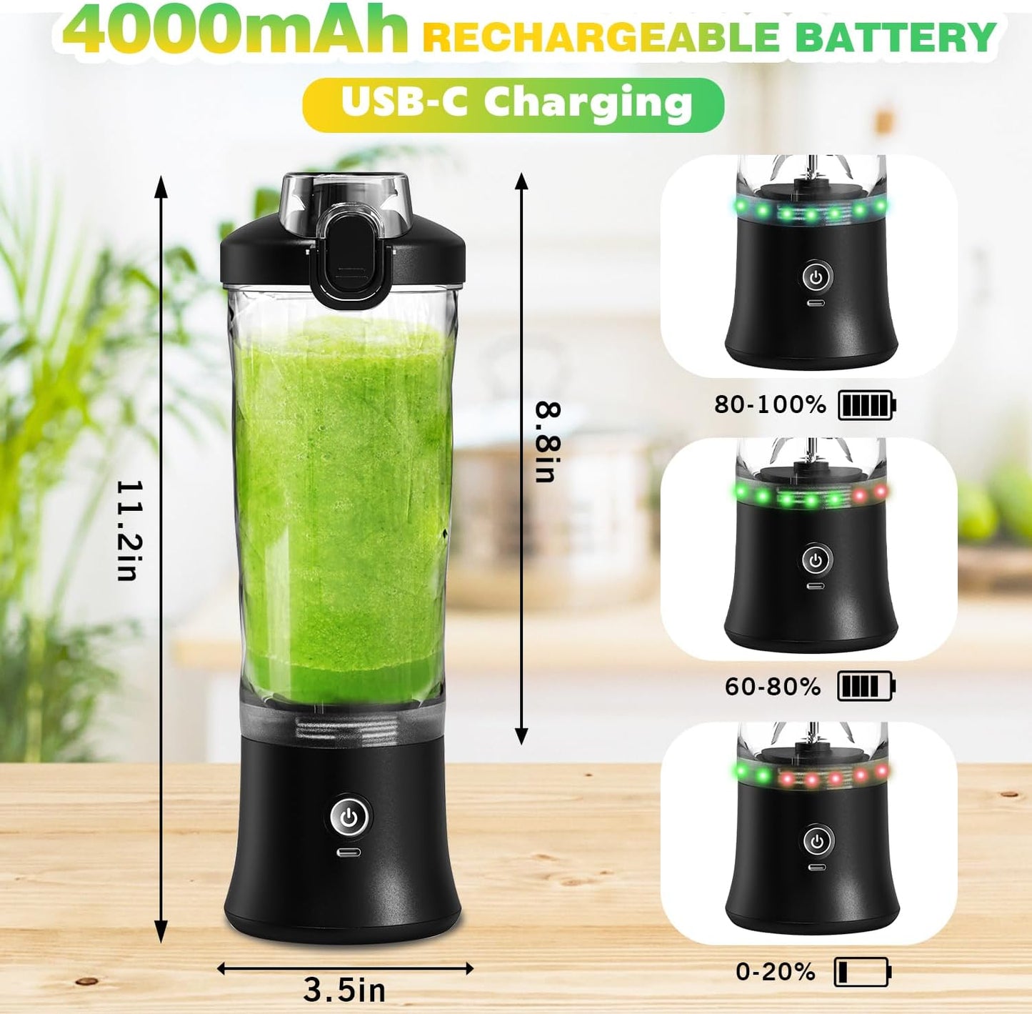 Skiennix Portable Blender - 20 OZ Personal Juicer for Smoothies & Shakes | USB-C Rechargeable, Travel Lid