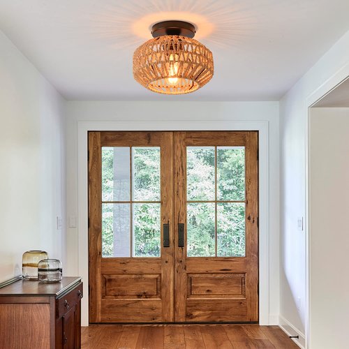 IHENGYANLT 2 Pack Farmhouse Light Fixtures Ceiling Mount,Mini Rattan Boho Semi Flush Mount Ceiling Light,Hand Woven Hallway Light Fixtures for Bedroom Entryway Nursery Study Room