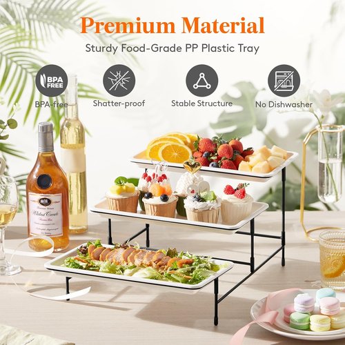 Lifewit 3-Tier Serving Tray - Elegant White Plastic Dessert Display Stand | 30 x 17 cm with Black Metal Base