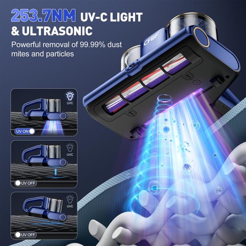 CFBF Mattress Vacuum Cleaner, Bed Vacuum Cleaner with 16Kpa Suction 253.7nm UV-C Light, Ultrasonic & High Heating, 500W Powerful Double-Cup Handheld Vacuums for Bed, Sofa, Couch, Crib, 16.4FT Corded