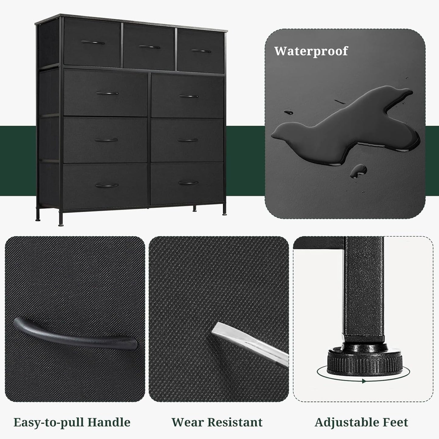 Skiennix 9-Drawer Dresser - Anti-Tip Tall Storage Organizer with Wooden Top & Metal Frame | Black
