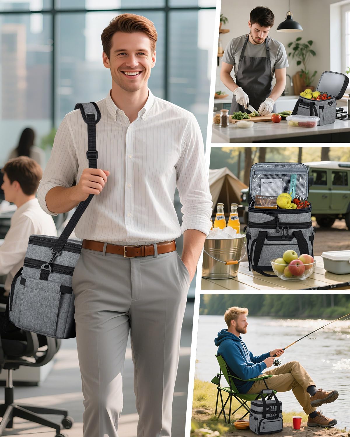 Skiennix Insulated Lunch Box - Dual-Compartment Cooler Bag for Adults | Expandable & Leakproof, Grey 24-Can (14L)