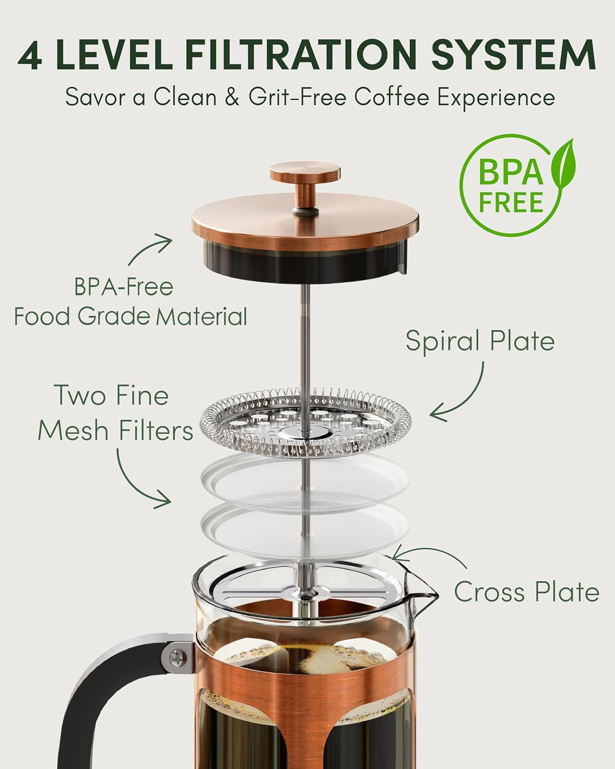 Veken 34oz French Press - Dark Pewter & Copper Design for Rich, Flavorful Coffee