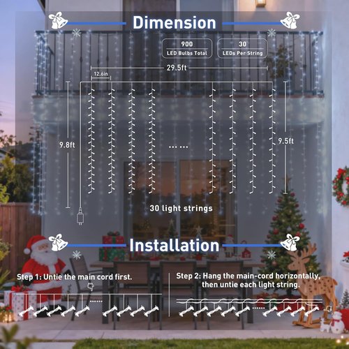 JMEXSUSS Curtain Lights - 900 LED White Indoor/Outdoor String Lights with Remote | 9.5x29.5ft for Decor
