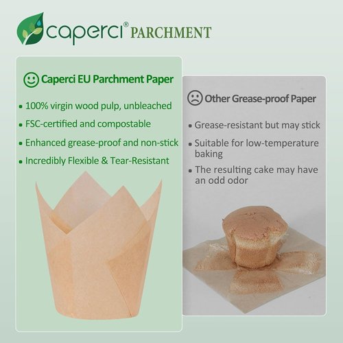 Caperci Natural Tulip Cupcake Liners - 150 Unbleached Parchment Baking Cups for Parties & Events