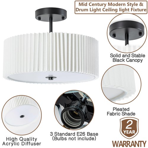 Bargeni Semi Flush Mount Ceiling Light,12.5 inch Ceiling Light Fixture,Black Flush Mount Light Fixture with Pleated Fabric Drum Shade,Light Fixtures Ceiling Mount for Bedroom,Living Room,Hallway