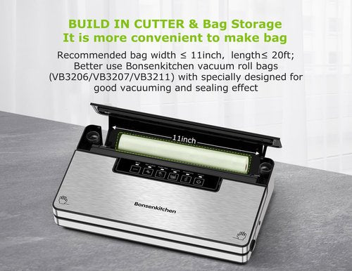 Bonsenkitchen Vacuum Sealer - Stainless Steel Food Sealer with 5 Modes & Built-in Cutter | Silver Black