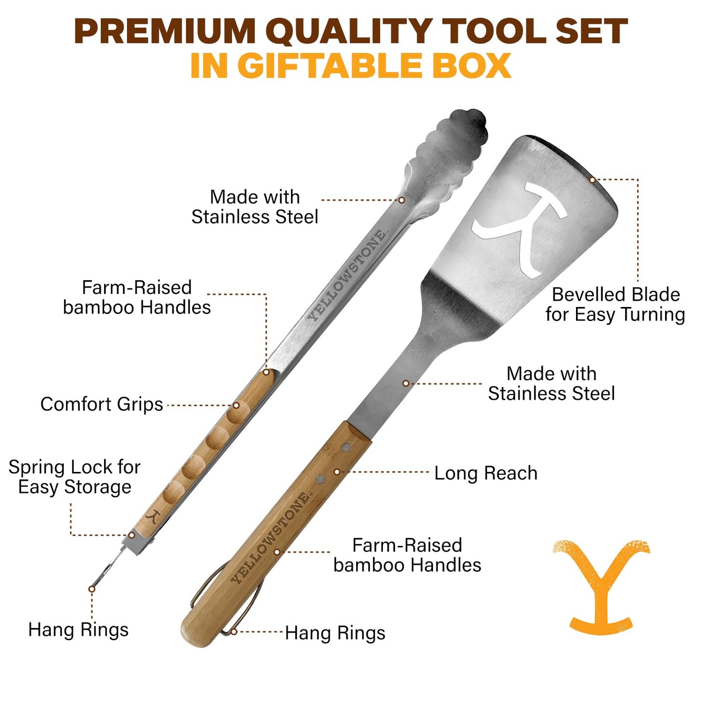 Y Yellowstone BBQ Tool Set - 2 pc Grill Set Includes Spatula and Tongs | Ideal BBQ Grill Accessories Utensils Set | Authentic Yellowstone Merchandise