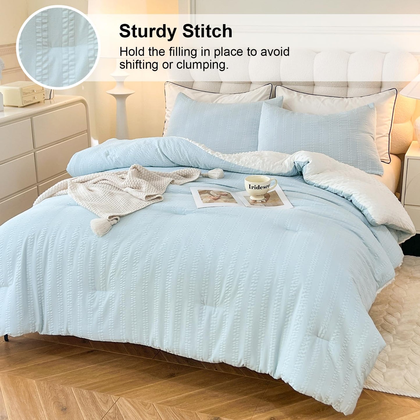 tohrisa Boho Comforter Set Twin Size Striped Pleats Bohemian Seersucker Bedding Set All Season Soft Cozy 2 Pieces Quilt with 1 Pillowcase(68"X90" Light Blue)