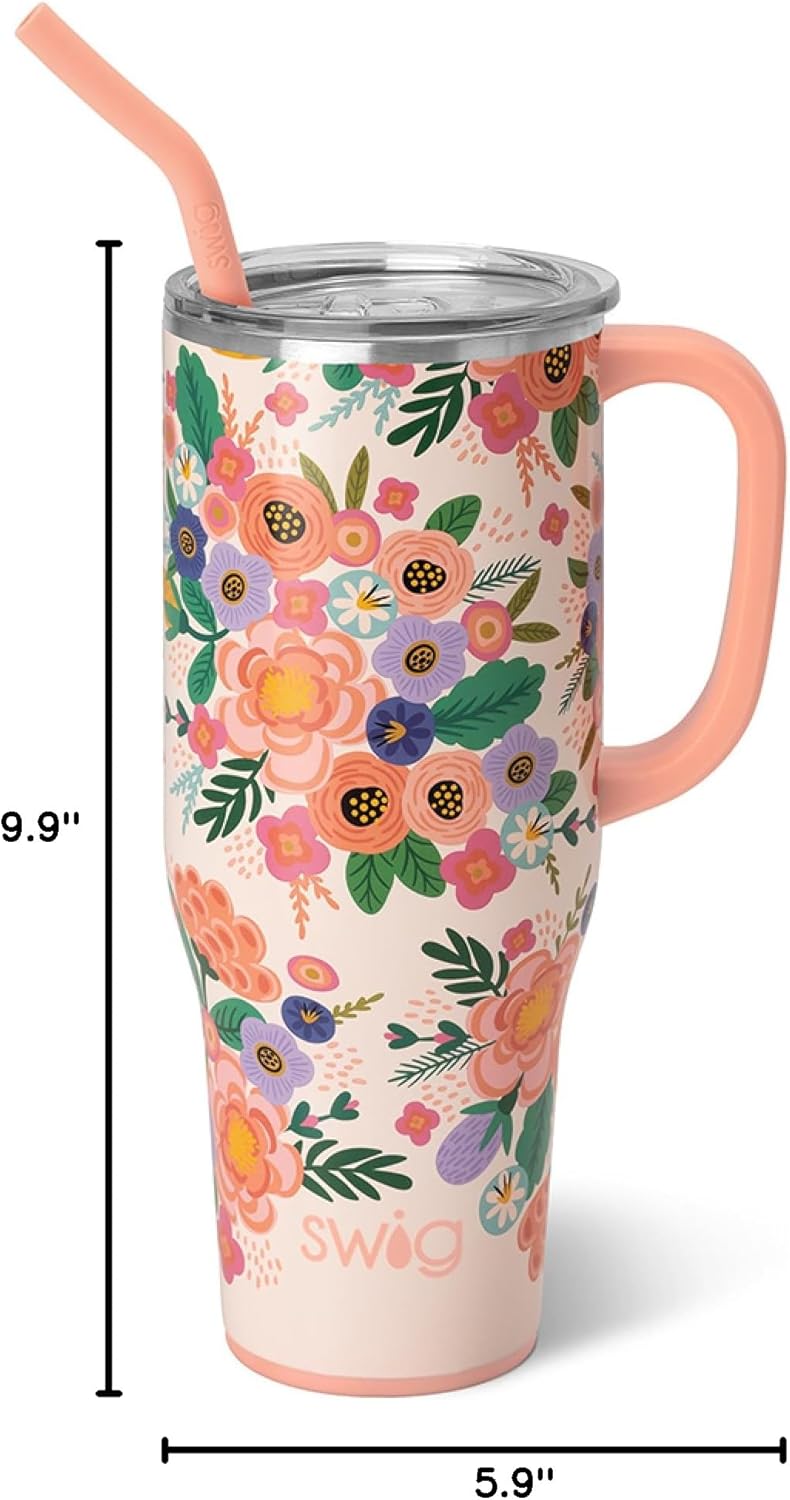 Swig Life 40oz Mega Mug - Insulated Tumbler with Handle & Straw | Dishwasher Safe, Full Bloom Design