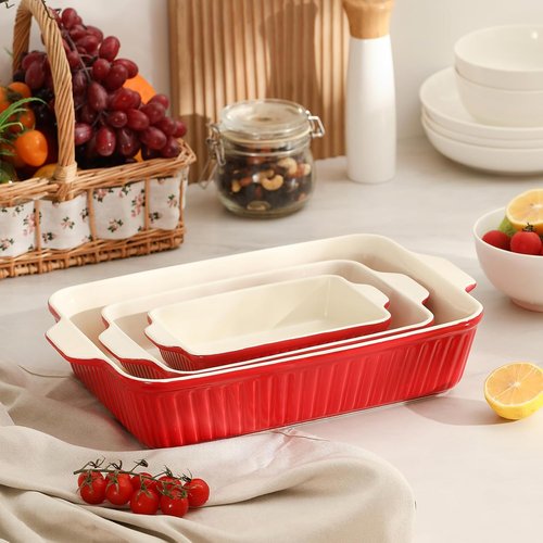 DOWAN Casserole Dishes - Set of 3 Rectangular Ceramic Baking Dishes, 135 Oz Capacity, Red (15.6''/12.2''/8.9'')