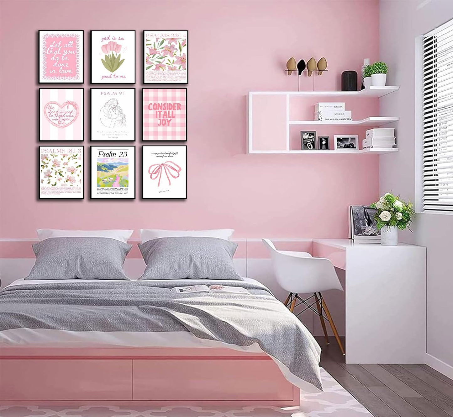 Skiennix 9-Piece Pink Christian Wall Art Set - Trendy Bible Verses & Psalms Decor | 8x10 Inch Prints for Girls' Rooms