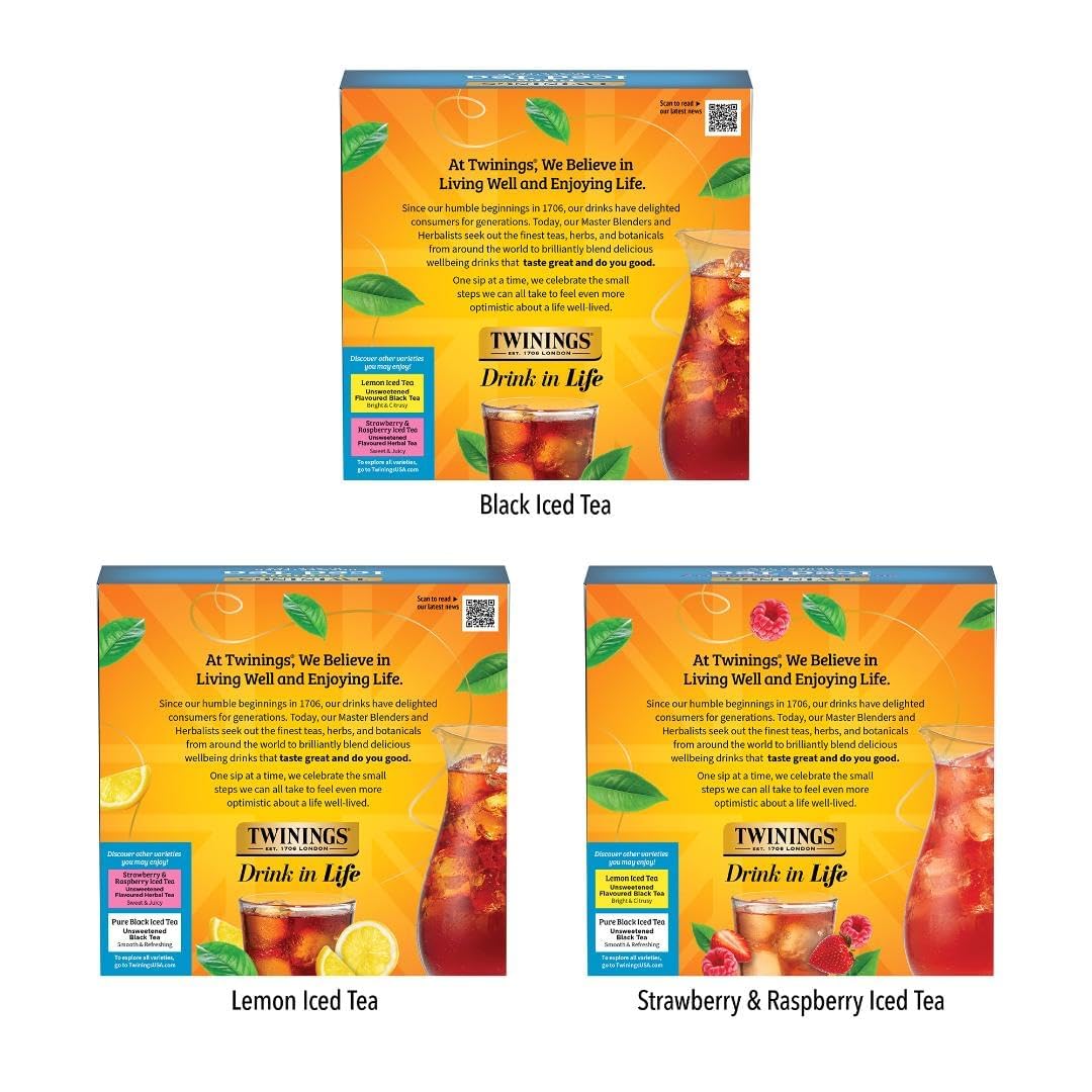 Twinings Iced Tea Variety Pack - 3 Flavors (Black, Lemon Black, Strawberry & Raspberry) | 72 Count, Unsweetened, Caffeinated