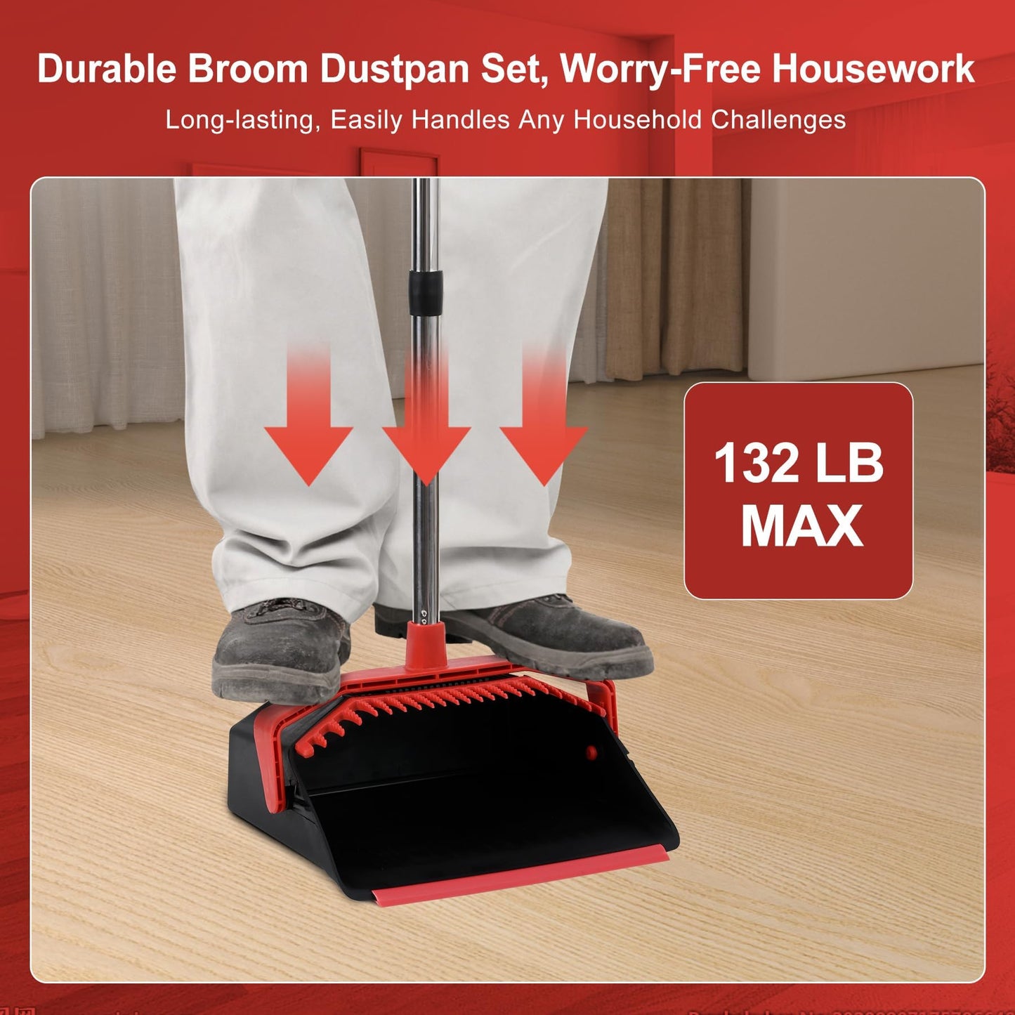 Tiumso Upgrade Broom with Dustpan Combo Set, Broom and Dustpan Set with 51'' Long Handle, Dust Pan and Brooms, ZeroGap Lip, Self-Cleaning Dustpans Teeth for Lobby Kitchen Restaurant - Black and Red