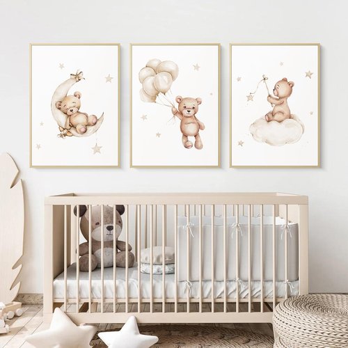 Bear Nursery Wall Art Decor Set of 3 Teddy Bear Canvas Wall Art Baby Boy Nursery Prints Nursery Pictures Wall Decor Moon Star Cloud Neutral Nursery Print for Girls Children Room 12x16 Inch FRAMED