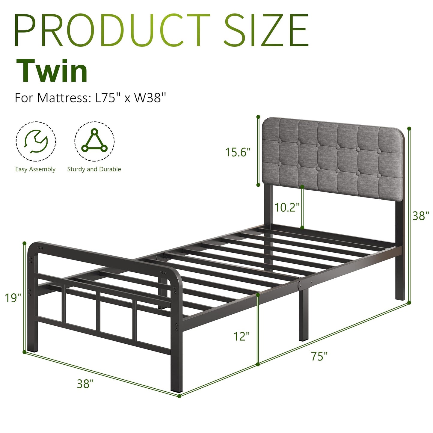 Lutown-Teen 12 Inch Twin Bed Frames with Upholstered Headboard and Metal Footboard, No Box Spring Needed, Heavy Duty Twin Metal Mattress Foundation, Noise Free, Easy Assembly