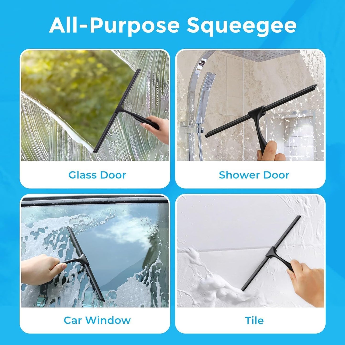 Quntis 12-Inch Shower Squeegee - Heavy-Duty Black Glass Cleaner with Non-Slip Handle & Hooks