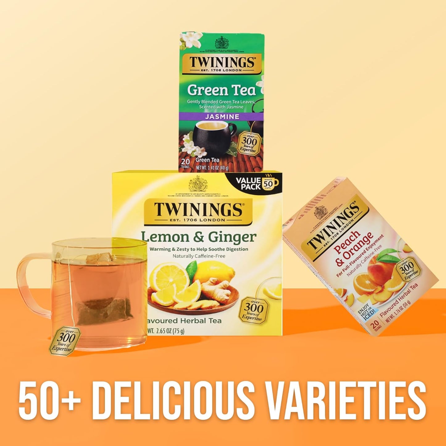 Twinings Peach & Orange Herbal Tea - Juicy & Fruity, Caffeine-Free, 20 Individually Wrapped Bags (Pack of 6)