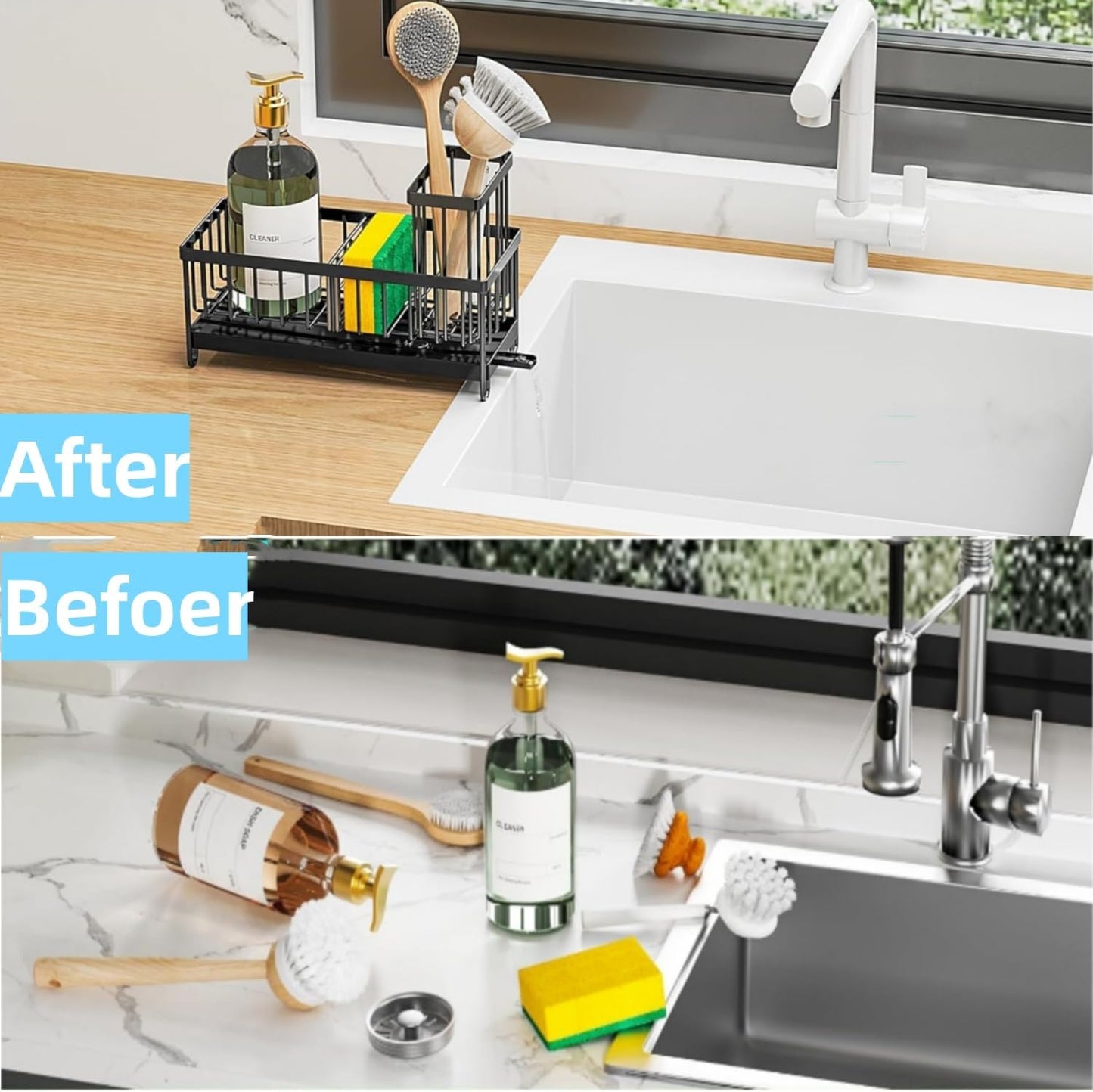 Skiennix Kitchen Sink Sponge Holder - Auto Draining Caddy with Brush Organizer | Stainless Steel Design