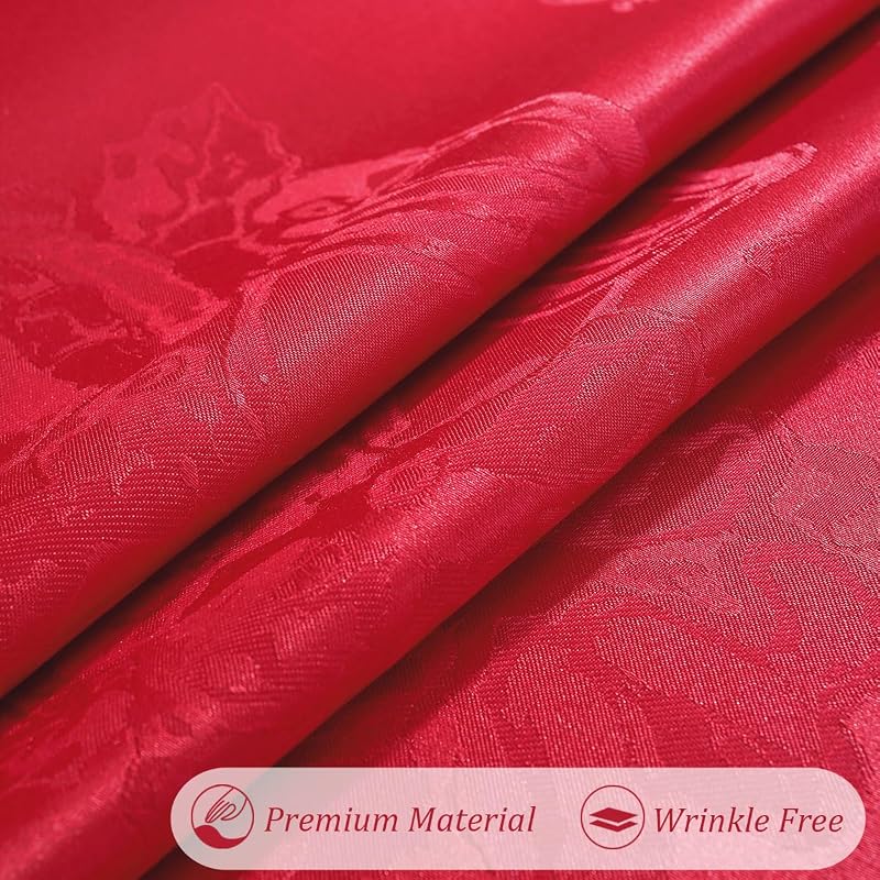 Rectangle Christmas Tablecloth 60x102 In - Jingle Bell Holly Damask, Red, Stain Resistant, Washable, Premium Polyester