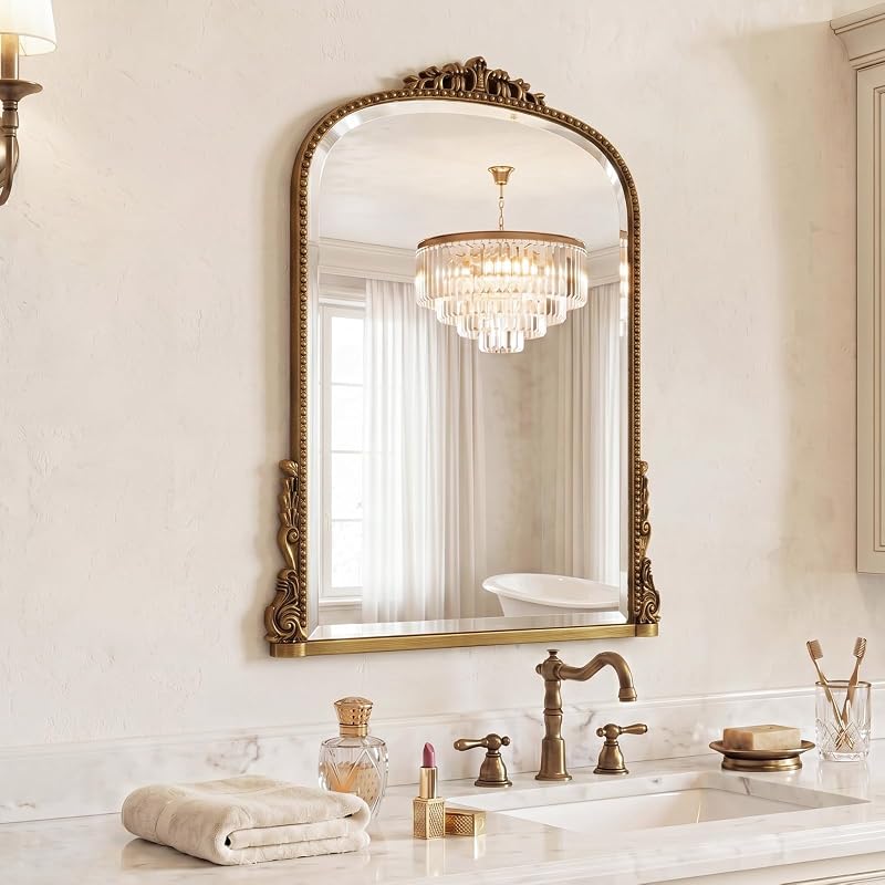 28x40 in Vintage Baroque Wall Mirror with Gold Finish, Arched Frame — Variation: Gold+40"L x 28"W