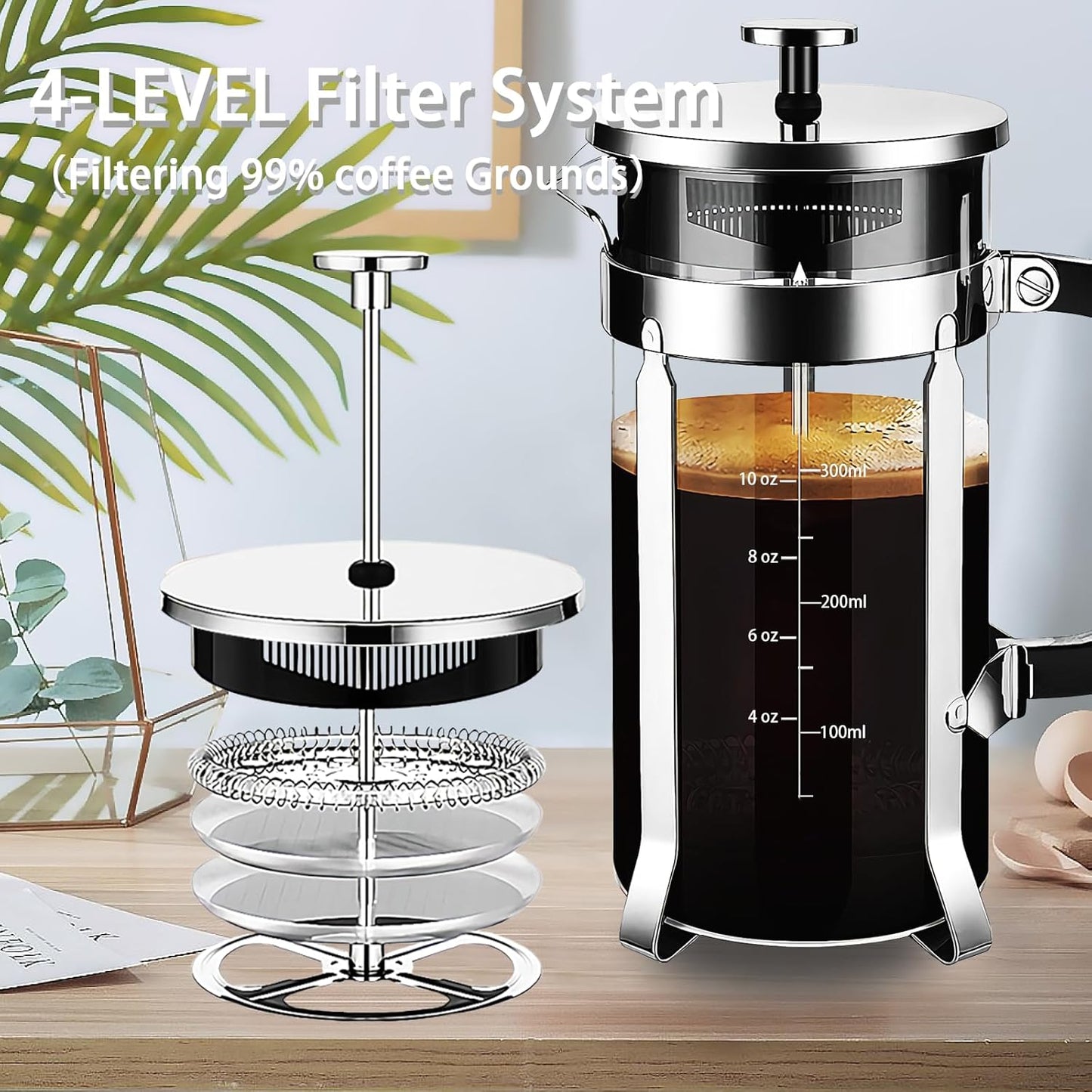 Skiennix French Press Coffee Maker - 304 Stainless Steel with 4 Filters | Heat-Resistant Borosilicate Glass, Copper 12oz