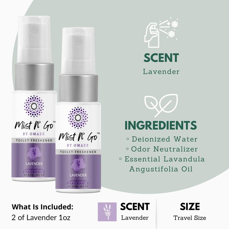Mist N’ Go by Omaze Travel Bathroom Spray for Toilet Spray Odor Eliminator - Travel Toilet Spray for Bathroom Air Freshener Spray for Bathroom Deodorizer - Lavender Travel Size (1oz x2)