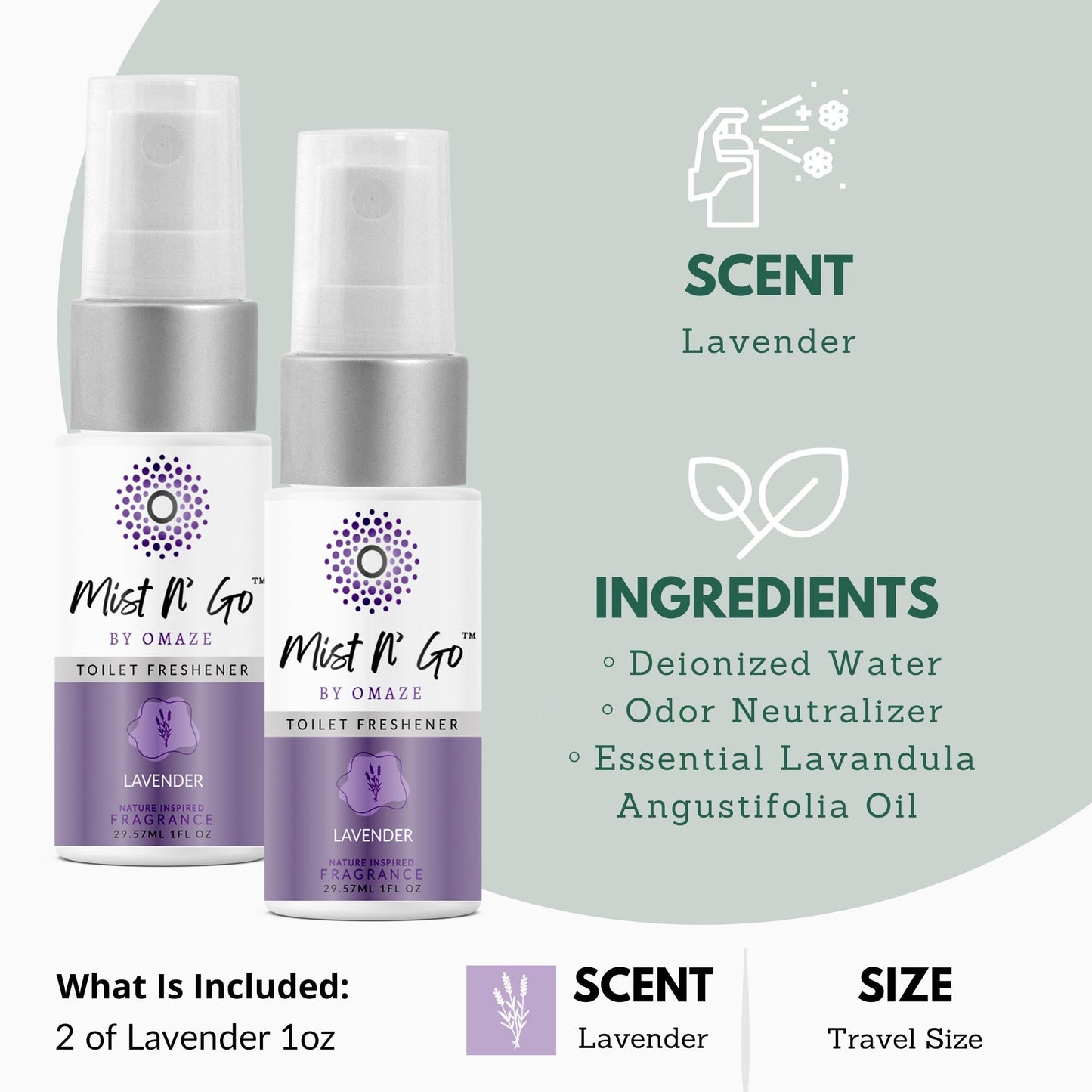 Mist N’ Go by Omaze Travel Bathroom Spray for Toilet Spray Odor Eliminator - Travel Toilet Spray for Bathroom Air Freshener Spray for Bathroom Deodorizer - Lavender Travel Size (1oz x2)