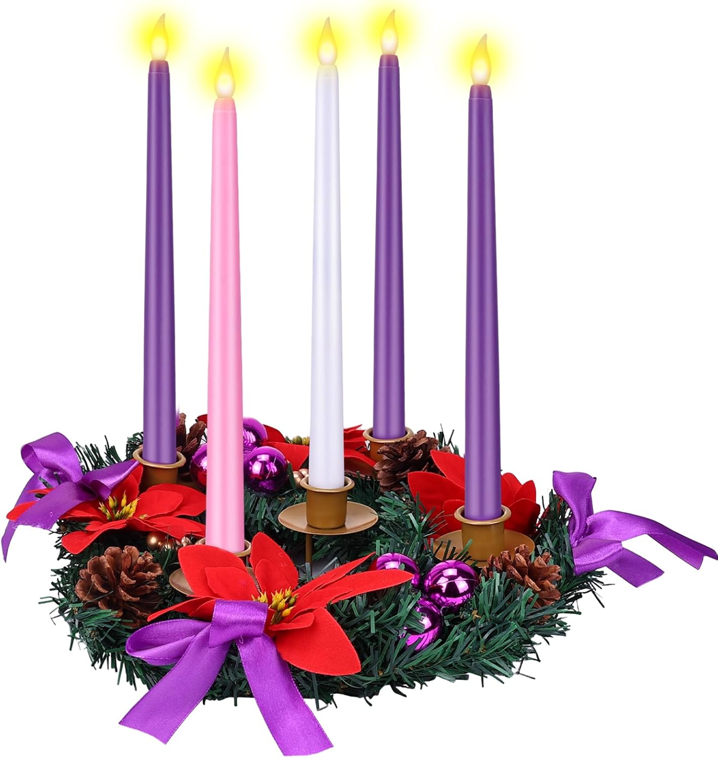Skiennix 11-Inch Christmas Advent Wreath - 5 Flameless Taper Candles with Pine Cones & Poinsettias