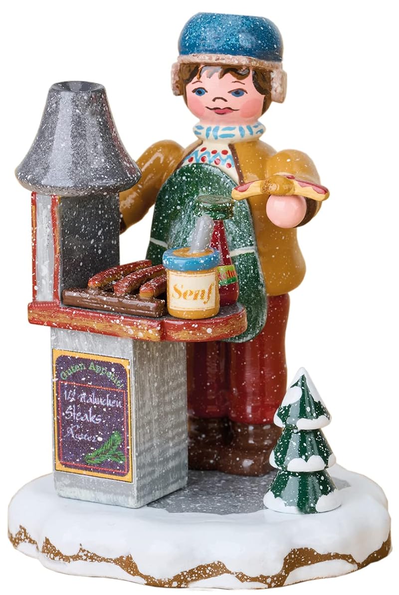 Winter Folk Art Child Figurine – Bratwurstmax 8 cm, Hand-Painted Wood Ornament