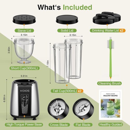 KOIOS Smoothie Blender - Powerful 1000W Personal Blender for Shakes & Smoothies | Includes 12-Piece Coffee Grinder Set & 2x22 oz To-Go Cups, Non-BPA