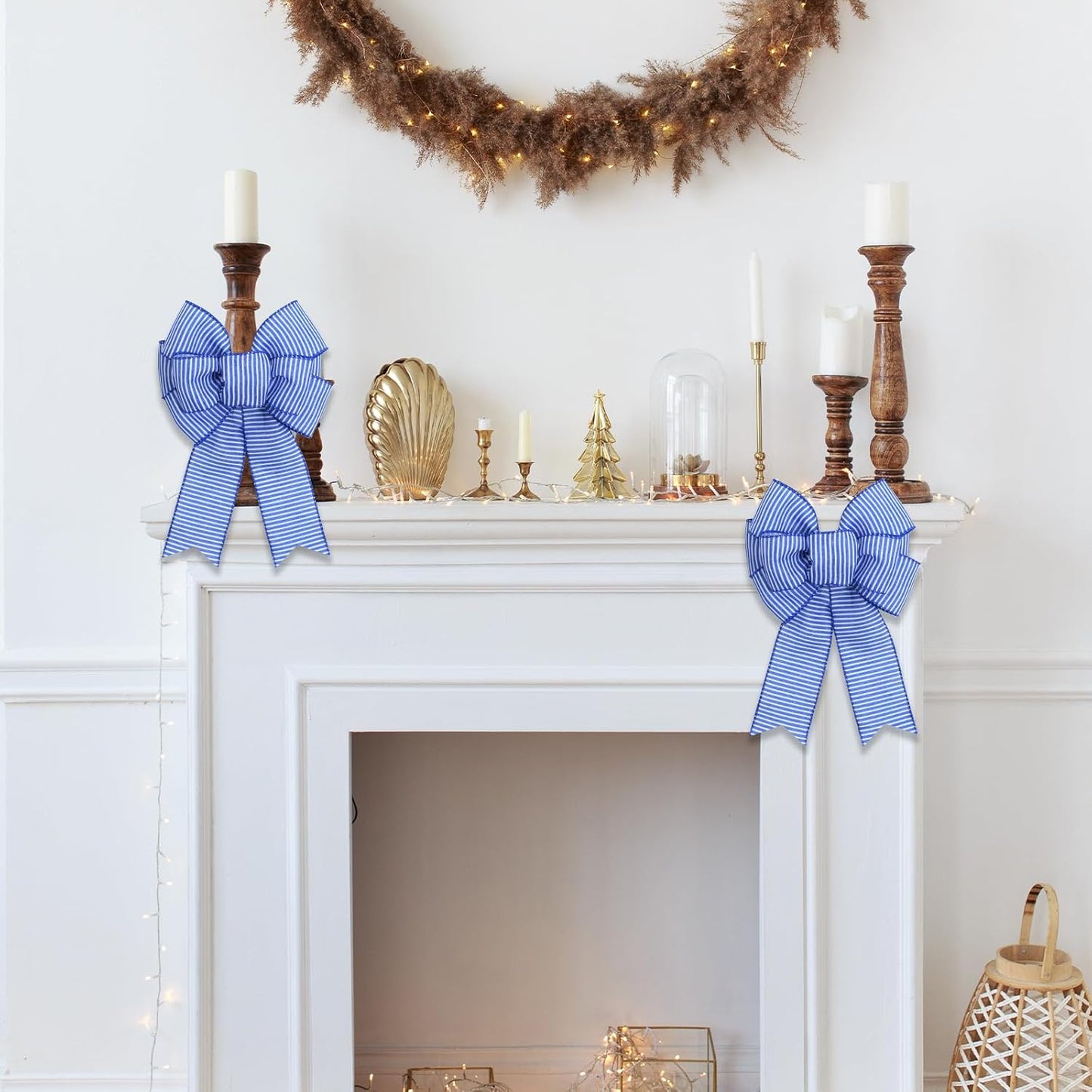 Skiennix Blue & White Stripe Wreath Bows - Rustic Burlap Decor for Indoor/Outdoor Events | 2-Pack