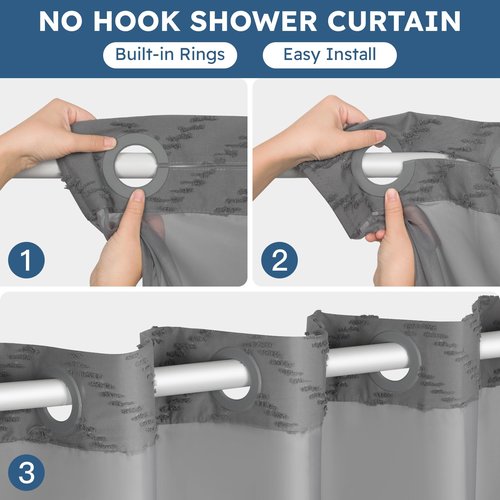 FADOTY No Hook Shower Curtain and Snap in Liner Set Grey Tufted Chevron Striped Cloth Waterproof Washable Fabric Boho Gray Bath Curtain with See Through Mesh Top Window for Bathroom Hotel 71" x 74"