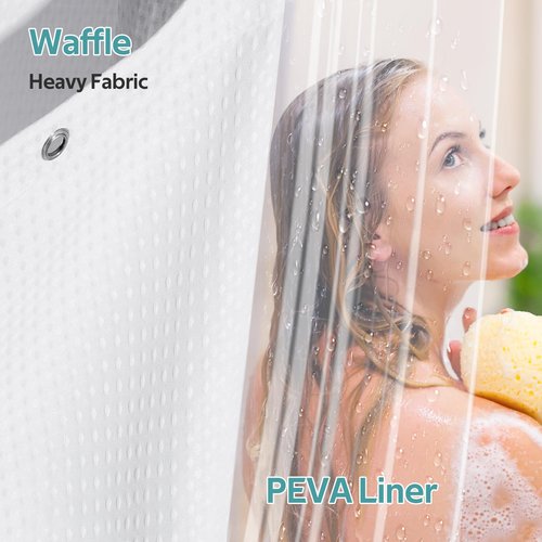Vipfree 3 in 1 Shower Curtain Set, Waffle Shower Curtain and Liner Set with 12 Double Sided Shower Curtain Hooks, 258GSM Luxury Weighted Cloth Shower Curtains for Bathroom, 72 W x 72 H, White