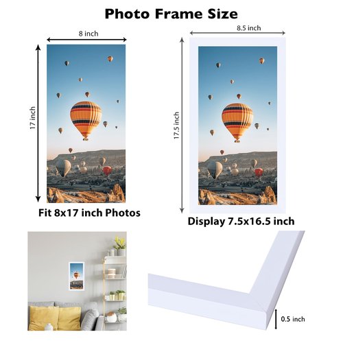 JCJMY 8x17 Picture Frame White for Poster Photo Picture, Horizontal and Vertical Formats for Wall Hanging, 8 x 17 Wall Gallery Poster Photo Frame for 8 by 17 Photos Posters, White