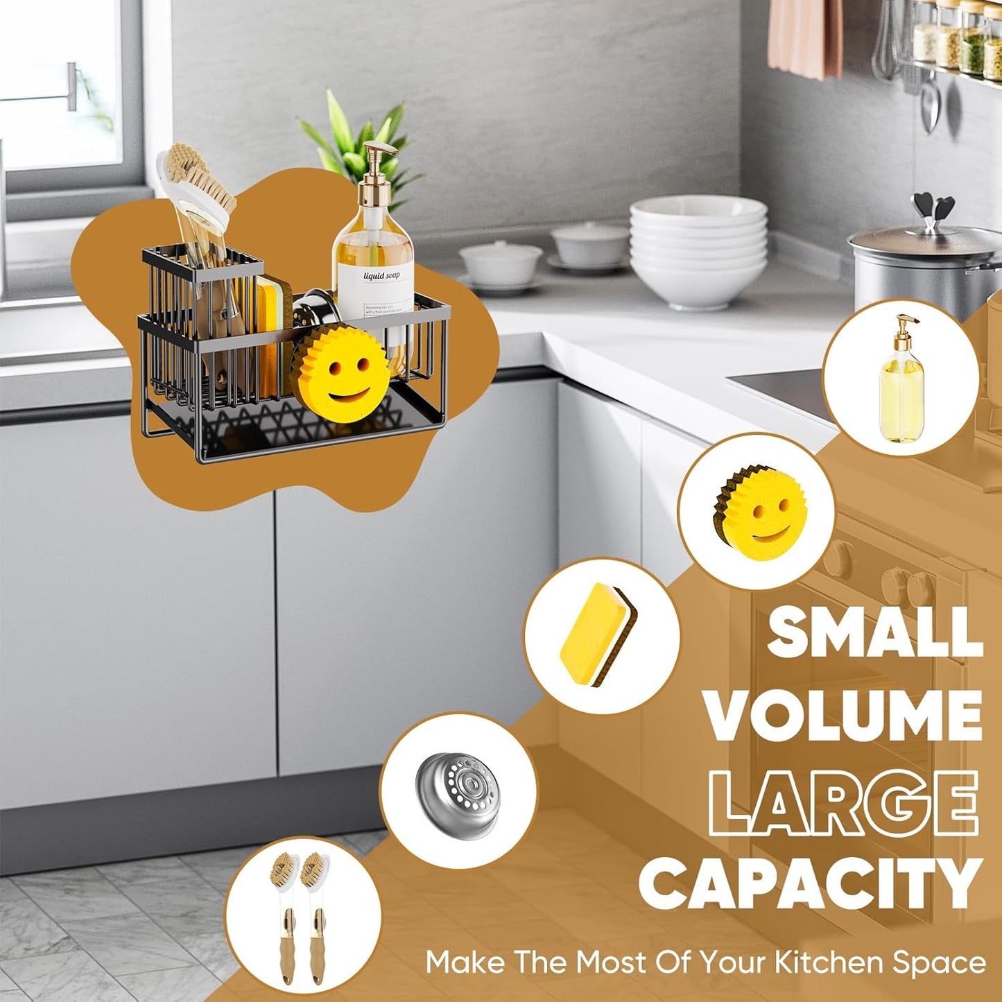 Skiennix Smiley Face Sponge Holder - Self-Draining Kitchen Sink Caddy with Removable Brush Holder | Essential Kitchen Gadget