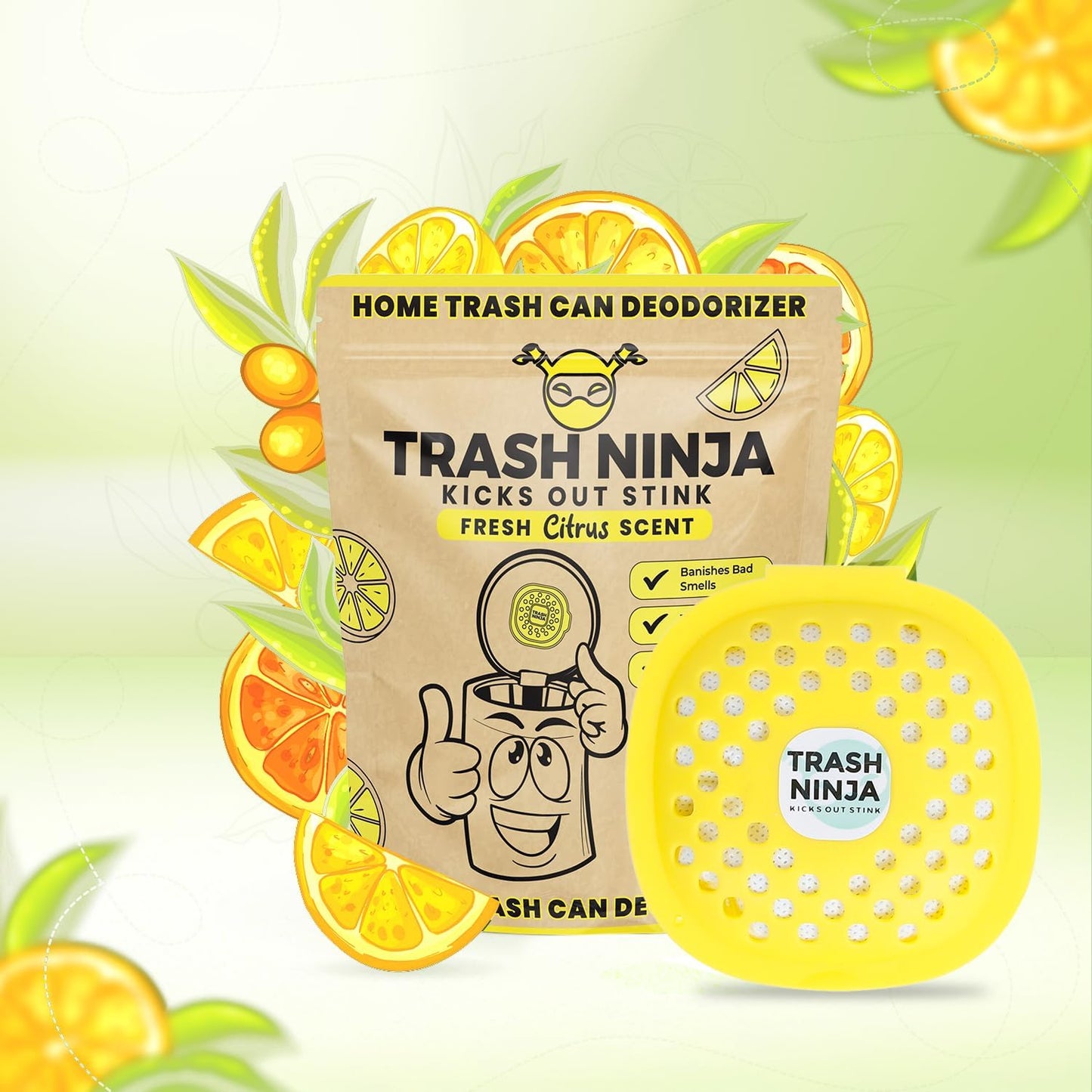 Trash Ninja Odor Eliminator - Long-Lasting Citrus Scent Deodorizer with Activated Charcoal | Freshens Garbage Cans, Fridges, Bathrooms, Kitchens & Diaper Pails