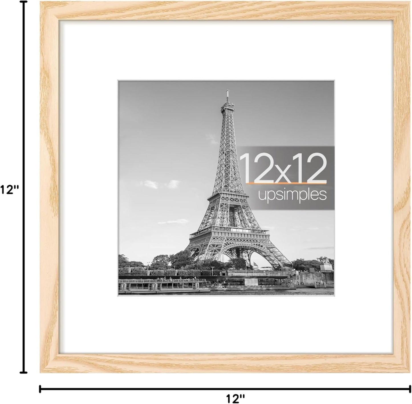Upsimples 12x12 Picture Frame - Display 8x8 Photos with Mat or 12x12 Without | Natural Wood Finish, 1 Pack