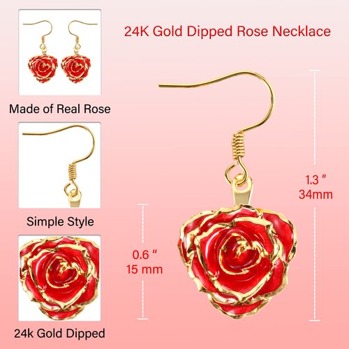 24K Gold Dipped Rose Earrings for Women and Girls, Fashion Golden Dipped Rose Earrings Best Gift for Girlfriend Wife Women on Mother Day Anniversary Birthday(Simple-Red)