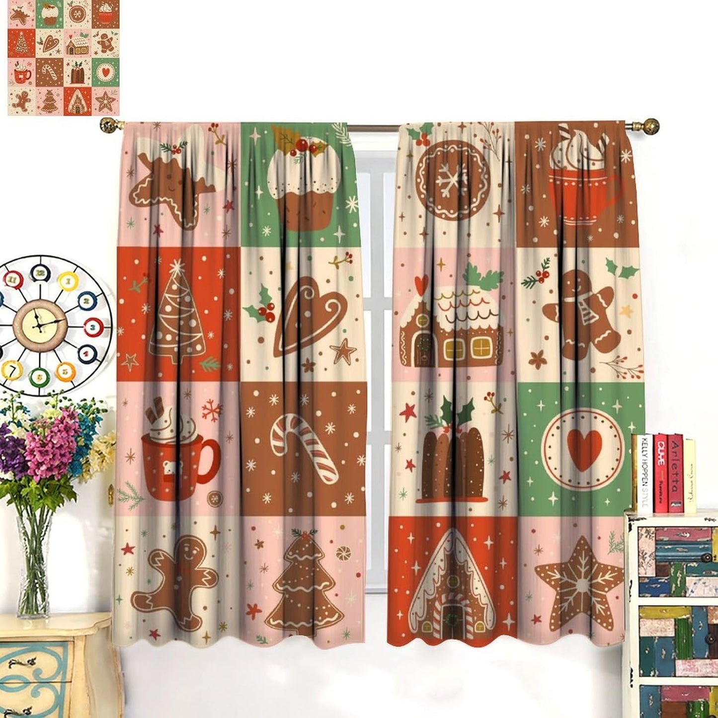 Skiennix Christmas Patchwork Curtains - Hand-Drawn Gingerbread Houses Design | Winter Holiday Drapes (W20xL45 Inch) - Set of 2