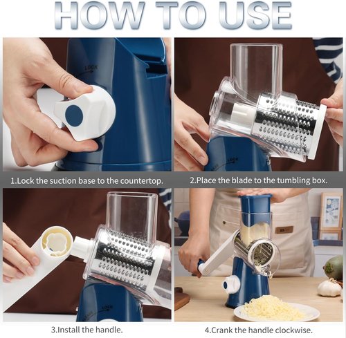 Cambom Rotary Cheese Grater - Hand Crank Shredder for Fresh Cheese & Vegetables | Non-Slip Base, Deep Blue