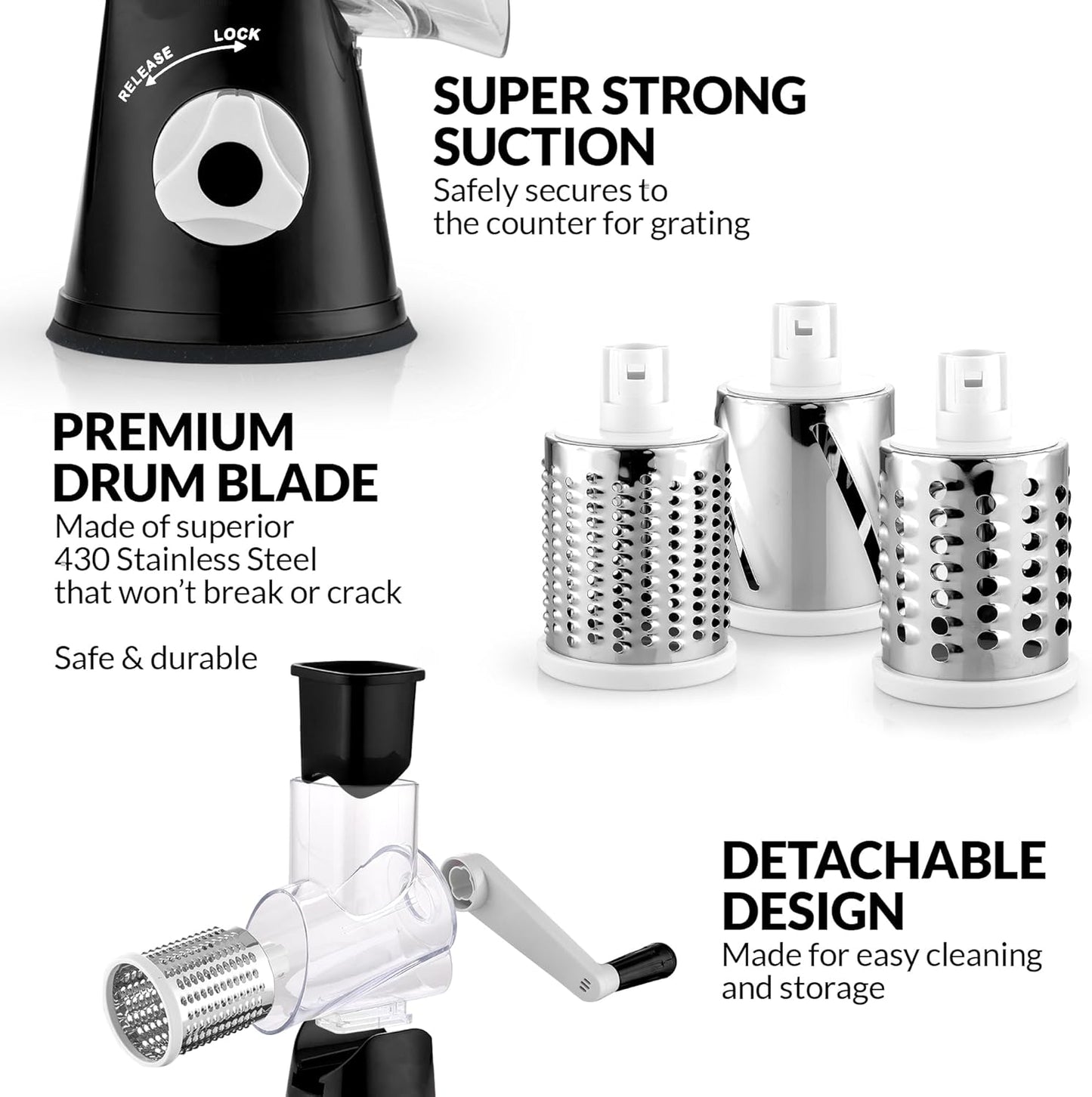Zulay Rotary Cheese Grater - Manual Hand Crank Shredder with 3 Blades & Reinforced Suction - Black