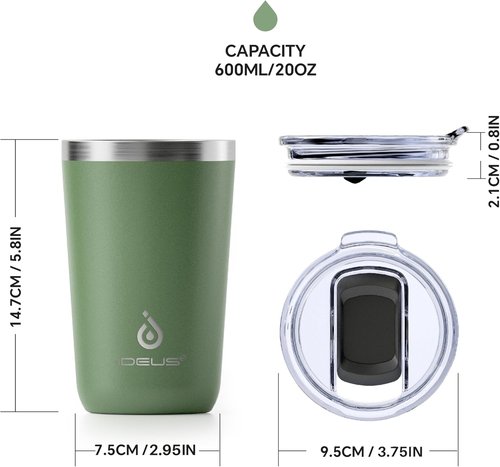 Ideus 20 oz Travel Coffee Mug - Double Wall Stainless Steel, Splash Proof Lid, Avocado Green