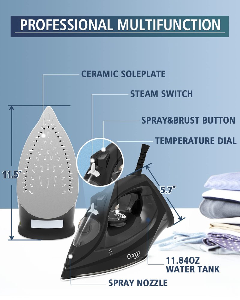 OMAIGA Steam Iron for Clothes, 1500W Iron with Rapid Heating, Non-Stick Ceramic Soleplate, Burst of Steam, Self-Cleaning, Auto-Off, Anti-Drip, 11.84oz Water Tank Ironing Clothes for Home, Black