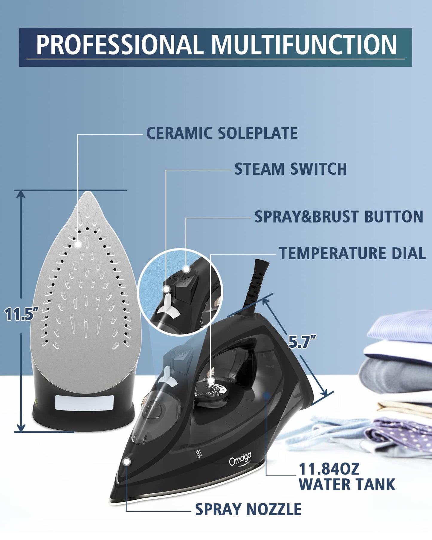 OMAIGA Steam Iron for Clothes, 1500W Iron with Rapid Heating, Non-Stick Ceramic Soleplate, Burst of Steam, Self-Cleaning, Auto-Off, Anti-Drip, 11.84oz Water Tank Ironing Clothes for Home, Black