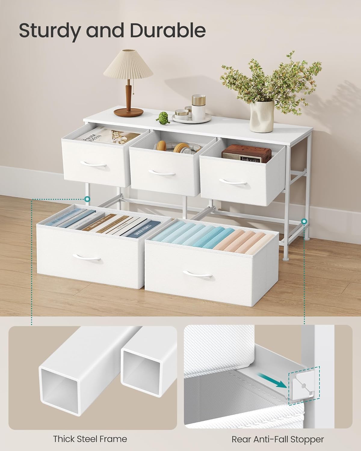SONGMICS Dresser - 5-Drawer Storage Organizer Unit in Cloud White & Snow White | Durable Steel & MDF Design